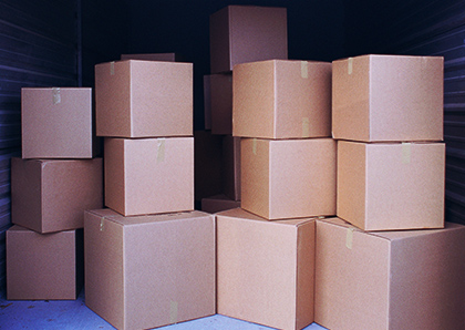 Stacks of cardboard boxes have been loaded into a storage shed.